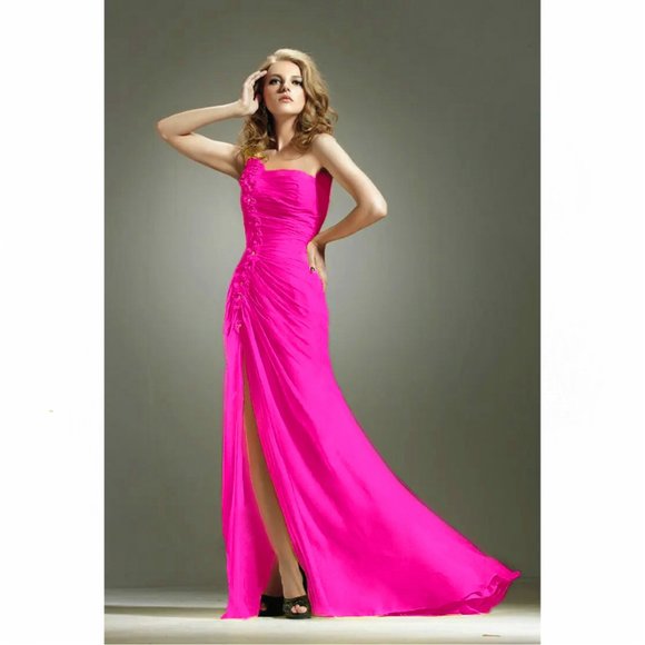 Anny Lee Dresses & Skirts - Anny Lee Hot Pink Strapless Ruched Prom Dress with Slit